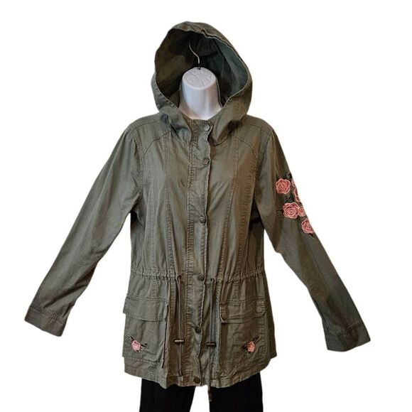 Ashley by 26 International Green Hooded Jacket with Pink Rose Embellishments szL - Picture 3 of 8